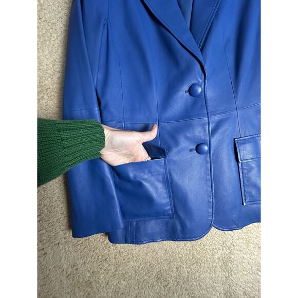 Vtg Y2K Bright Blue Genuine Leather Blazer Jacket Women's Sz 10 2 Button Peplum - Picture 10 of 16